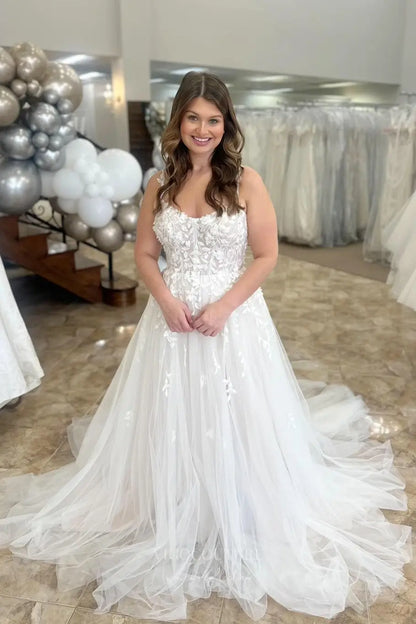 Ivory 3D Floral Appliqué A-Line Wedding Dress with Sheer Bodice, Spaghetti Straps, and Chapel Train – W2242