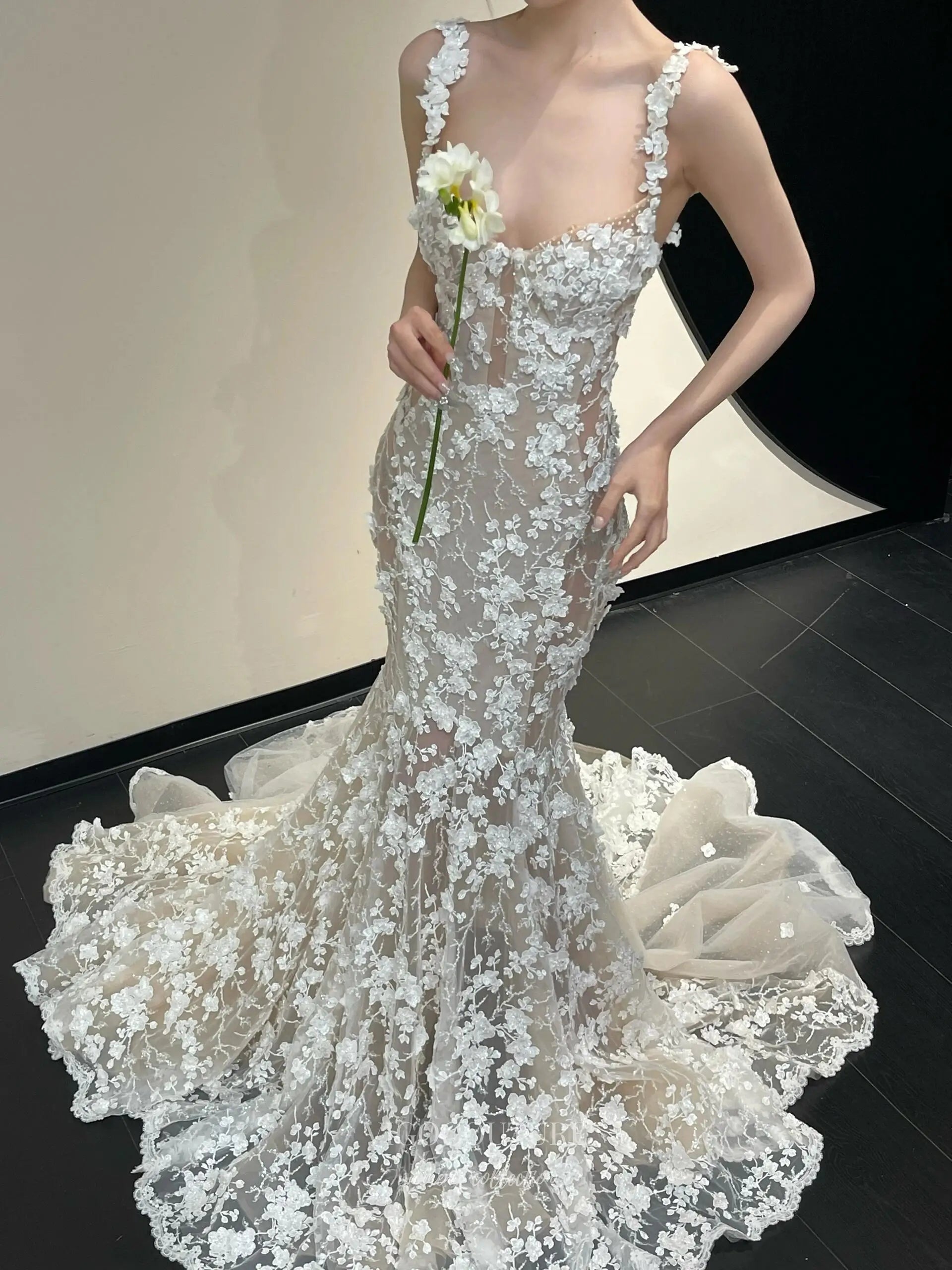 Wedding Dresses 2025 to impress Ivory 3D Floral Lace Wedding Dress with Scoop Corset Bodice and Sheer Mermaid Skirt – RD033-vigocouture-vigocouture