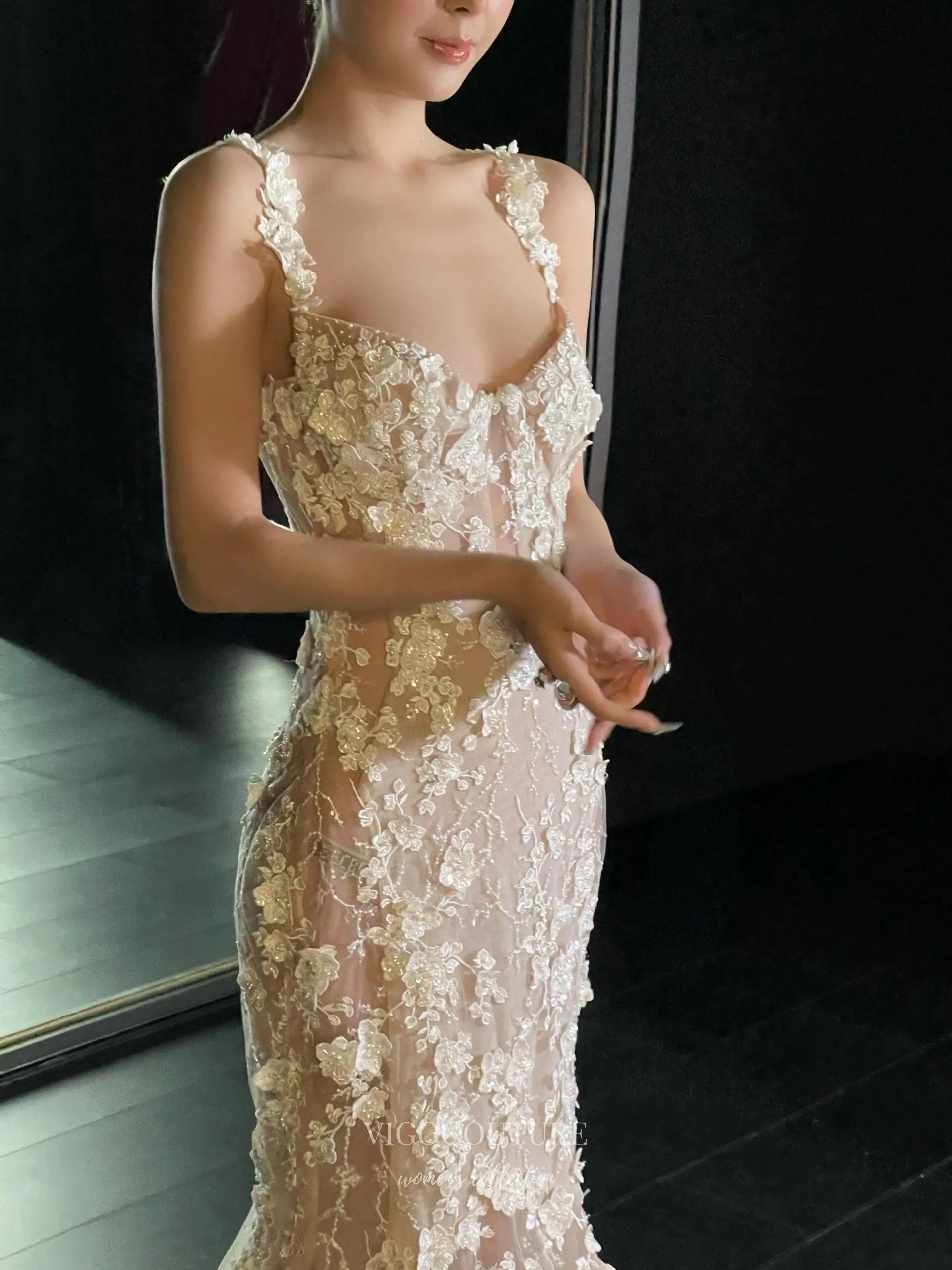 Wedding Dresses 2025 to impress Ivory 3D Floral Lace Wedding Dress with Scoop Corset Bodice and Sheer Mermaid Skirt – RD033-vigocouture-vigocouture