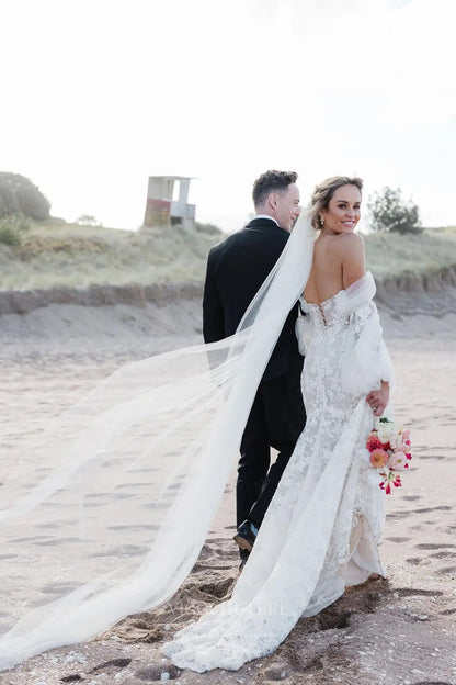 Wedding Dresses 2025 to impress Ivory Beaded Floral Lace Mermaid Wedding Dress with Illusion Corset Bodice & Detachable Puffy Sleeves – W2266-vigocouture-vigocouture