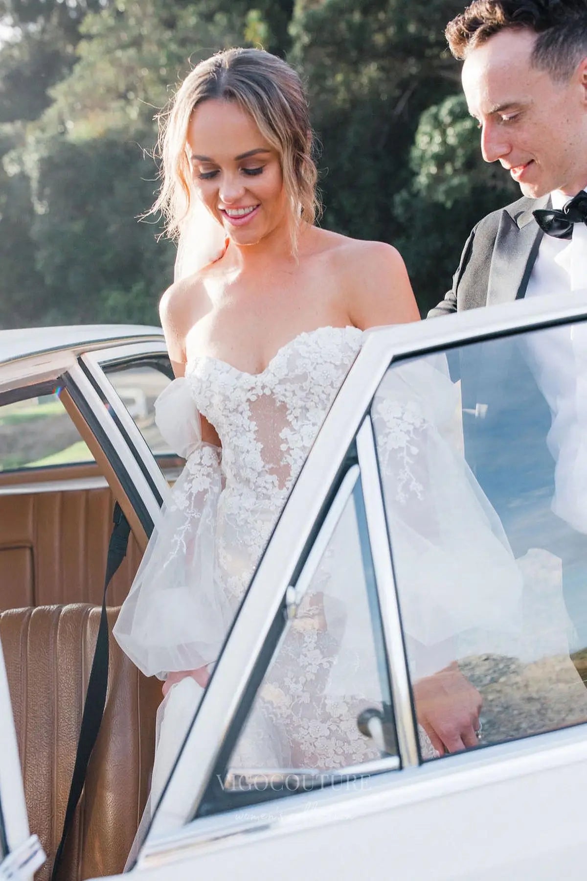 Wedding Dresses 2025 to impress Ivory Beaded Floral Lace Mermaid Wedding Dress with Illusion Corset Bodice & Detachable Puffy Sleeves – W2266-vigocouture-vigocouture