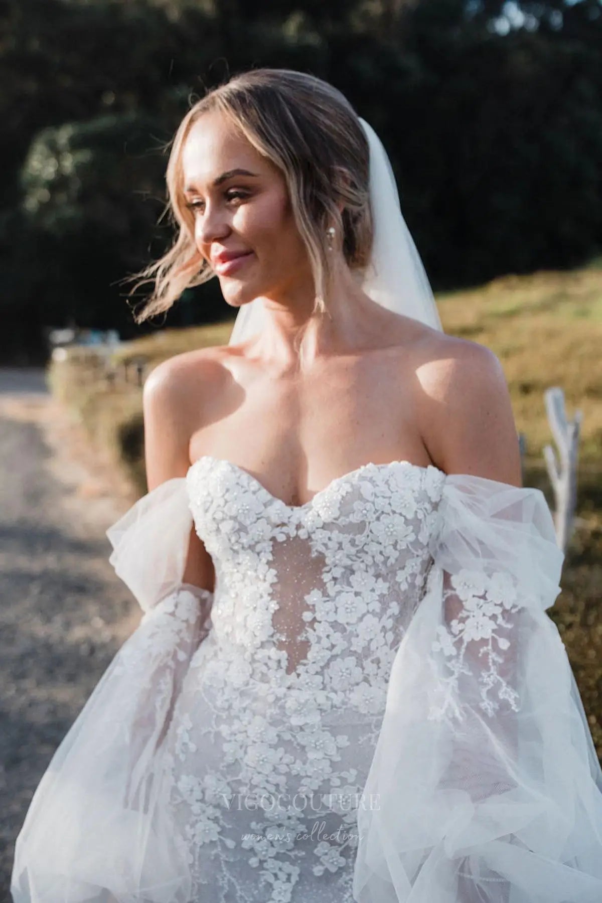 Wedding Dresses 2025 to impress Ivory Beaded Floral Lace Mermaid Wedding Dress with Illusion Corset Bodice & Detachable Puffy Sleeves – W2266-vigocouture-vigocouture