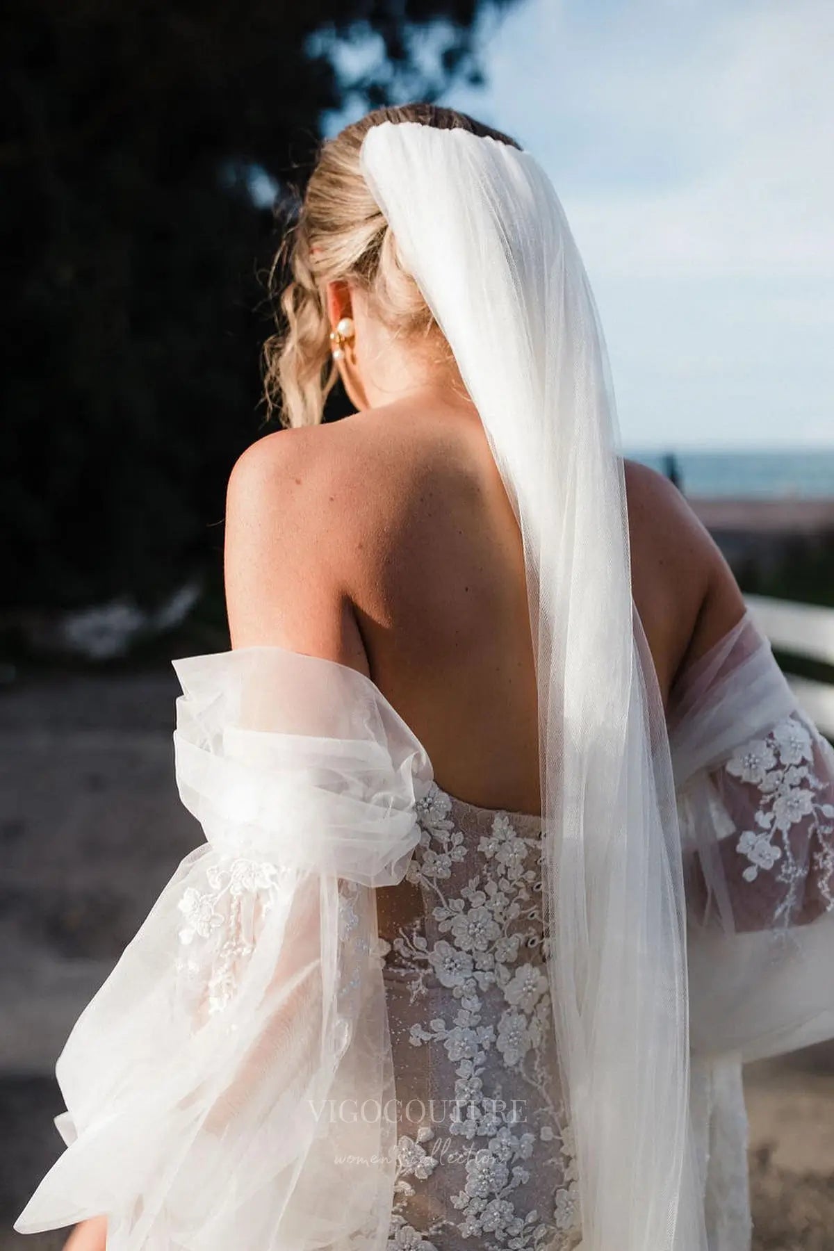 Wedding Dresses 2025 to impress Ivory Beaded Floral Lace Mermaid Wedding Dress with Illusion Corset Bodice & Detachable Puffy Sleeves – W2266-vigocouture-vigocouture