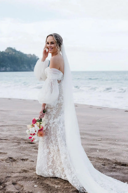 Wedding Dresses 2025 to impress Ivory Beaded Floral Lace Mermaid Wedding Dress with Illusion Corset Bodice & Detachable Puffy Sleeves – W2266-vigocouture-vigocouture