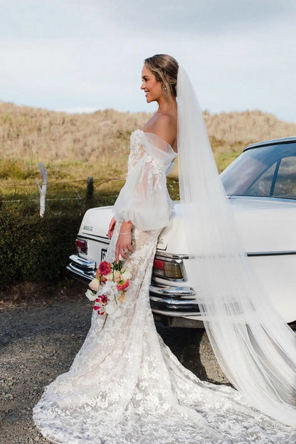 Wedding Dresses 2025 to impress Ivory Beaded Floral Lace Mermaid Wedding Dress with Illusion Corset Bodice & Detachable Puffy Sleeves – W2266-vigocouture-vigocouture