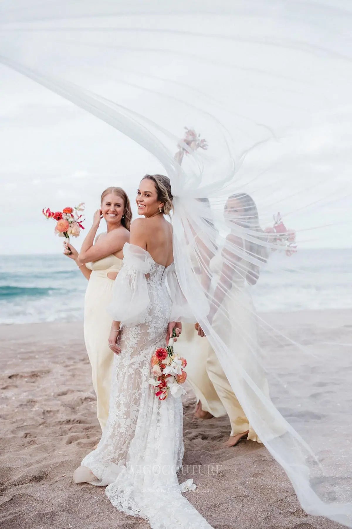 Wedding Dresses 2025 to impress Ivory Beaded Floral Lace Mermaid Wedding Dress with Illusion Corset Bodice & Detachable Puffy Sleeves – W2266-vigocouture-vigocouture