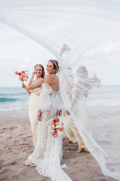 Wedding Dresses 2025 to impress Ivory Beaded Floral Lace Mermaid Wedding Dress with Illusion Corset Bodice & Detachable Puffy Sleeves – W2266-vigocouture-vigocouture