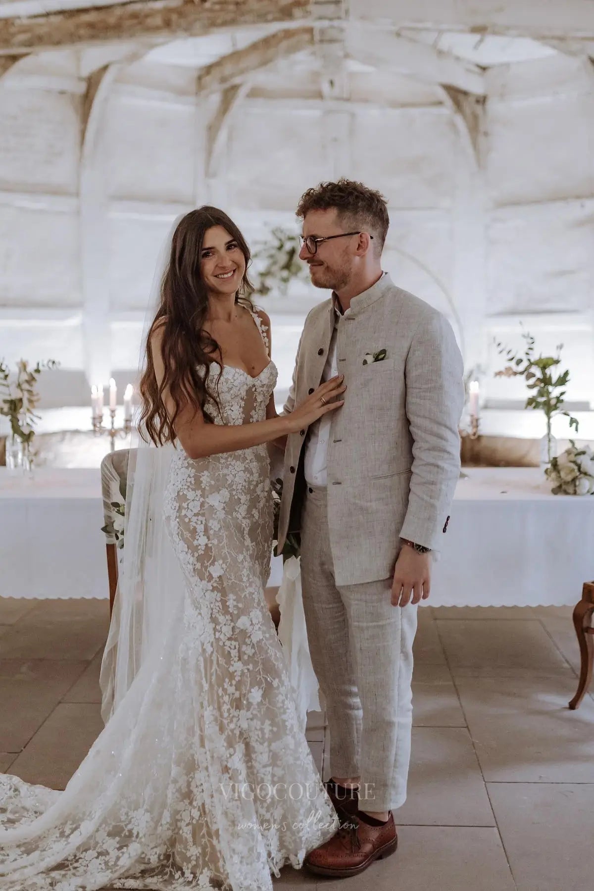 Wedding Dresses 2025 to impress Ivory Beaded Floral Lace Mermaid Wedding Dress with Illusion Corset Bodice & Off-Shoulder Straps – W2265-vigocouture-vigocouture