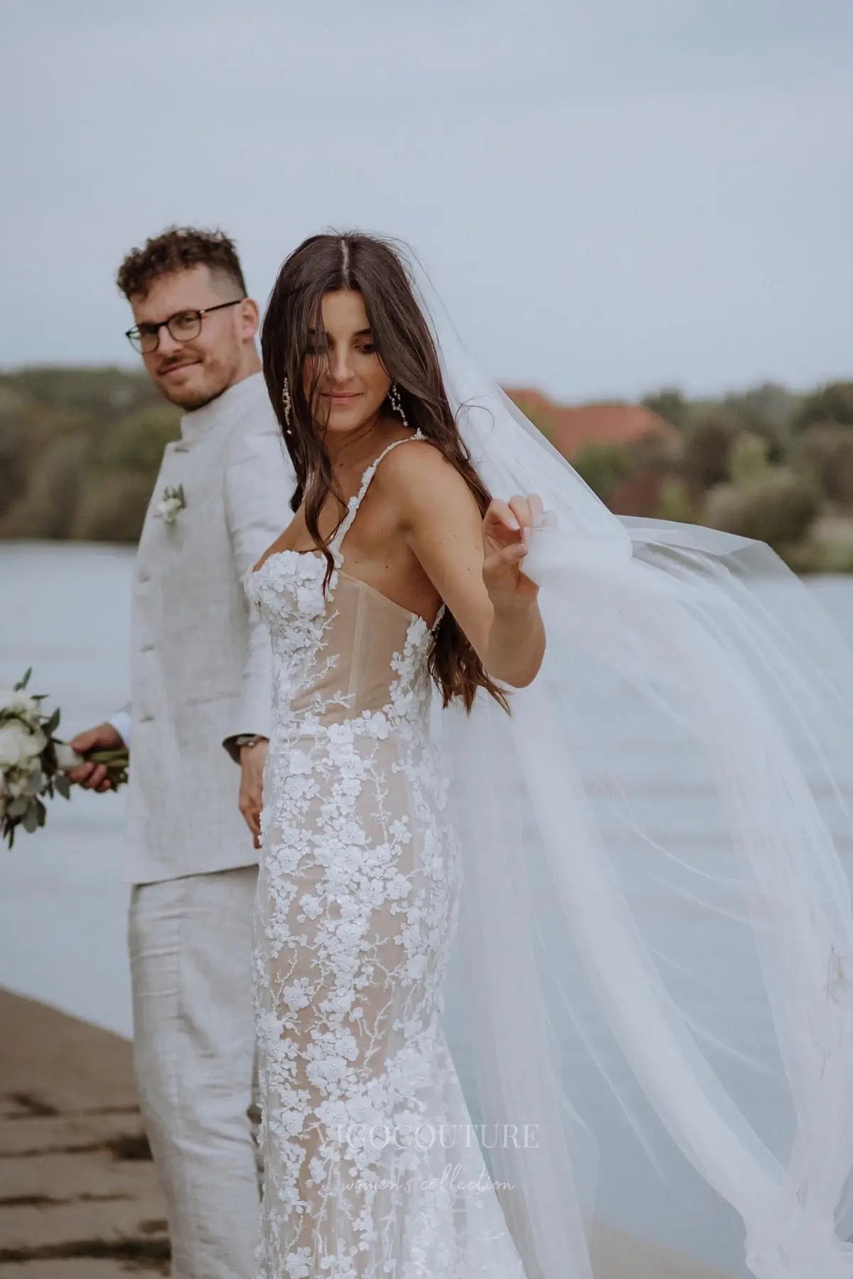 Wedding Dresses 2025 to impress Ivory Beaded Floral Lace Mermaid Wedding Dress with Illusion Corset Bodice & Off-Shoulder Straps – W2265-vigocouture-vigocouture