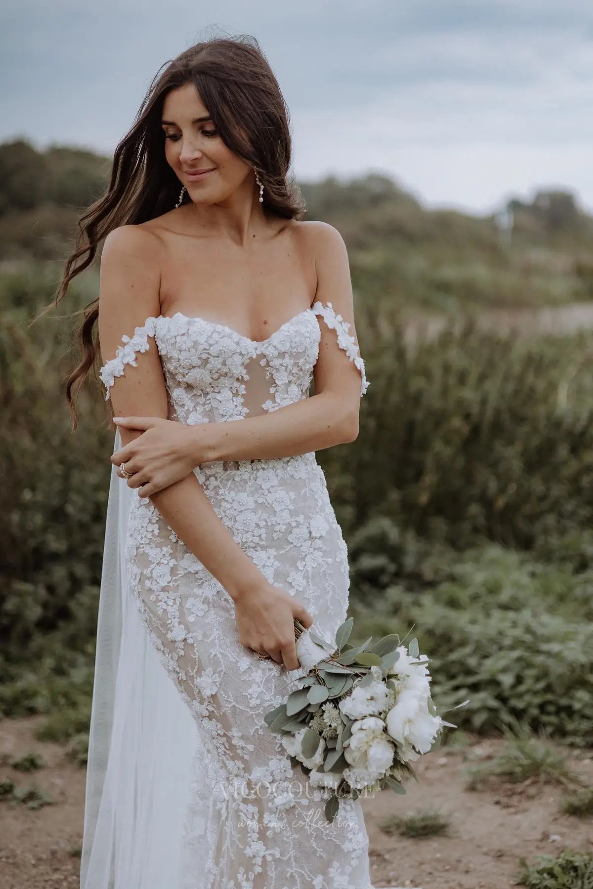 Wedding Dresses 2025 to impress Ivory Beaded Floral Lace Mermaid Wedding Dress with Illusion Corset Bodice & Off-Shoulder Straps – W2265-vigocouture-vigocouture