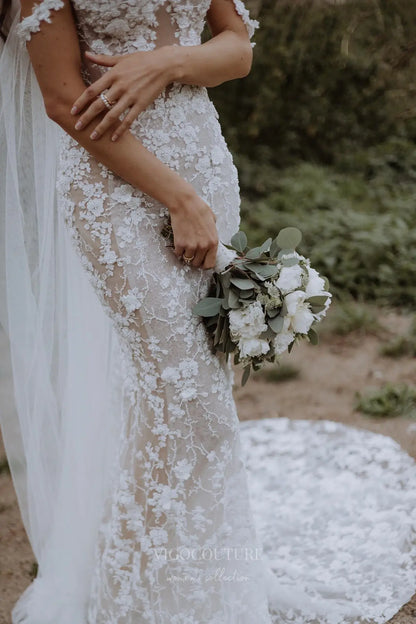 Wedding Dresses 2025 to impress Ivory Beaded Floral Lace Mermaid Wedding Dress with Illusion Corset Bodice & Off-Shoulder Straps – W2265-vigocouture-vigocouture