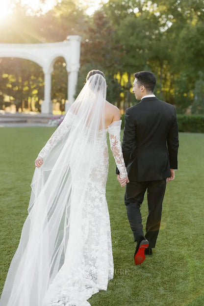 Wedding Dresses 2025 to impress Ivory Beaded Floral Lace Mermaid Wedding Dress with Removable Long Sleeves & Illusion Corset Bodice – W2264-vigocouture-vigocouture