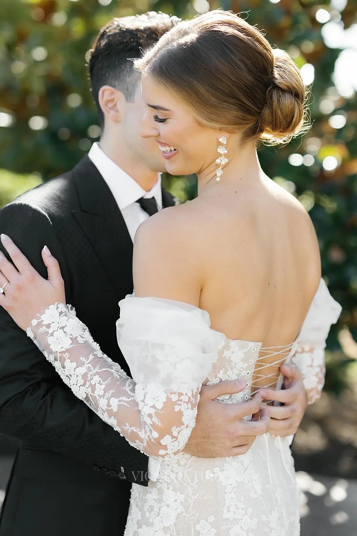 Wedding Dresses 2025 to impress Ivory Beaded Floral Lace Mermaid Wedding Dress with Removable Long Sleeves & Illusion Corset Bodice – W2264-vigocouture-vigocouture