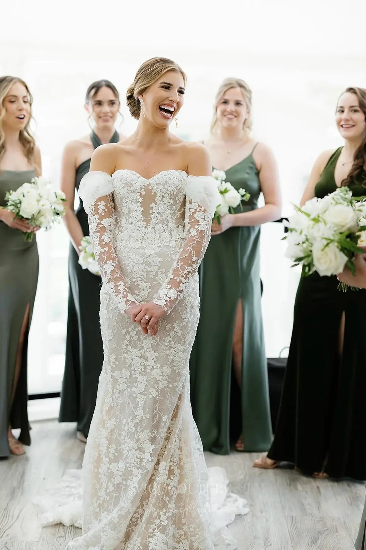 Ivory Beaded Floral Lace Mermaid Wedding Dress with Removable Long Sleeves & Illusion Corset Bodice – W2264