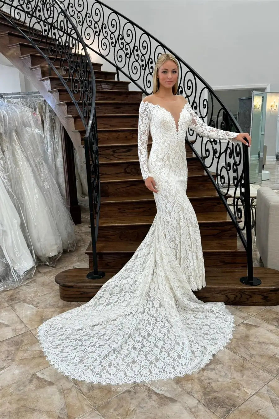 Wedding Dresses 2025 to impress Ivory Boho Lace Mermaid Wedding Dress with Plunging Neckline, Illusion Back, Long Sleeves & Chapel Train – W2271-vigocouture-vigocouture