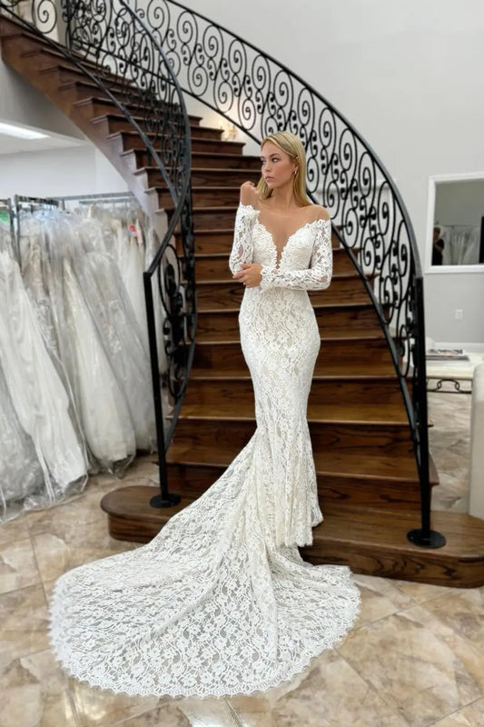 Ivory Boho Lace Mermaid Wedding Dress with Plunging Neckline, Illusion Back, Long Sleeves & Chapel Train – W2271