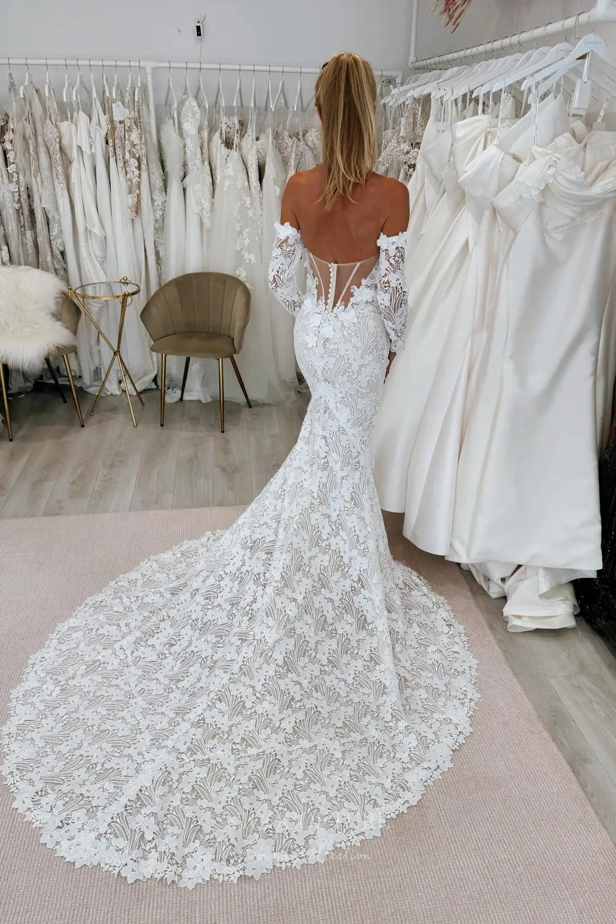 Ivory Boho Lace Mermaid Wedding Dress with Strapless Sweetheart Neckline, Sheer Corset Back, Detachable Long Sleeves & Chapel Train – W2273