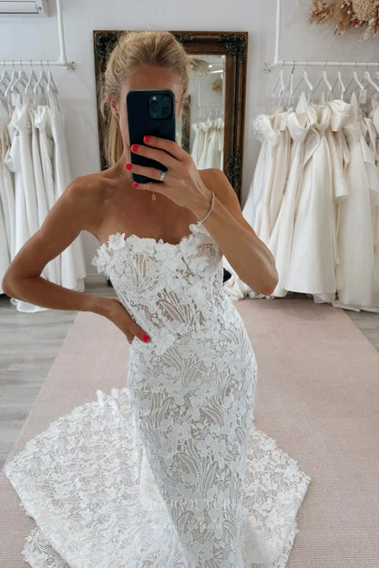 Wedding Dresses 2025 to impress Ivory Boho Lace Mermaid Wedding Dress with Strapless Sweetheart Neckline, Sheer Corset Back, Detachable Long Sleeves & Chapel Train – W2273-vigocouture-vigocouture
