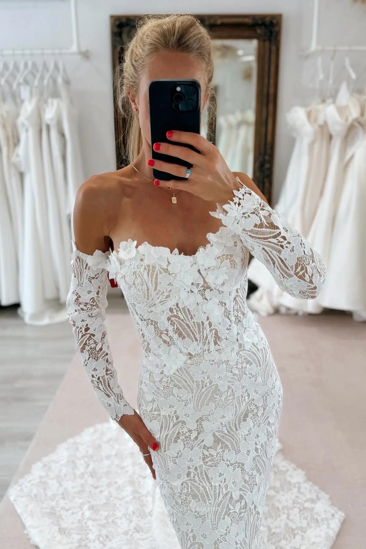Ivory Boho Lace Mermaid Wedding Dress with Strapless Sweetheart Neckline, Sheer Corset Back, Detachable Long Sleeves & Chapel Train – W2273