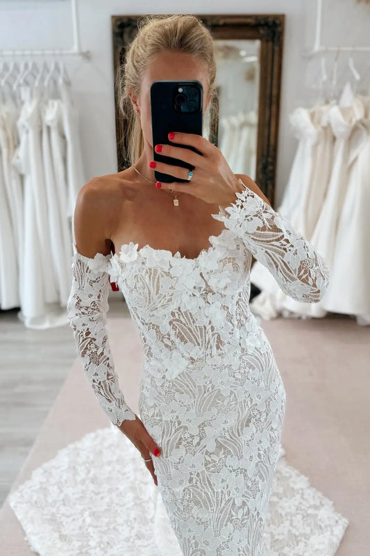Ivory Boho Lace Mermaid Wedding Dress with Strapless Sweetheart Neckline, Sheer Corset Back, Detachable Long Sleeves & Chapel Train – W2273