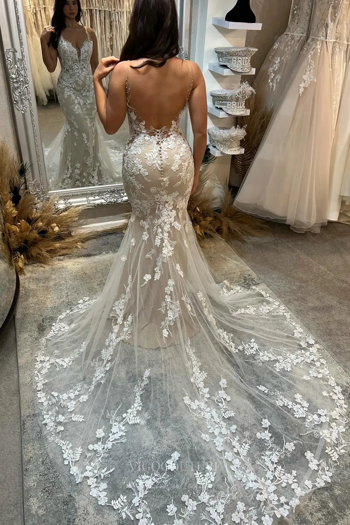 Wedding Dresses 2025 to impress Ivory Boho Mermaid Wedding Dress with Plunging V-Neckline, Illusion Back, Nude Lining & Chapel Train – W2272-vigocouture-vigocouture