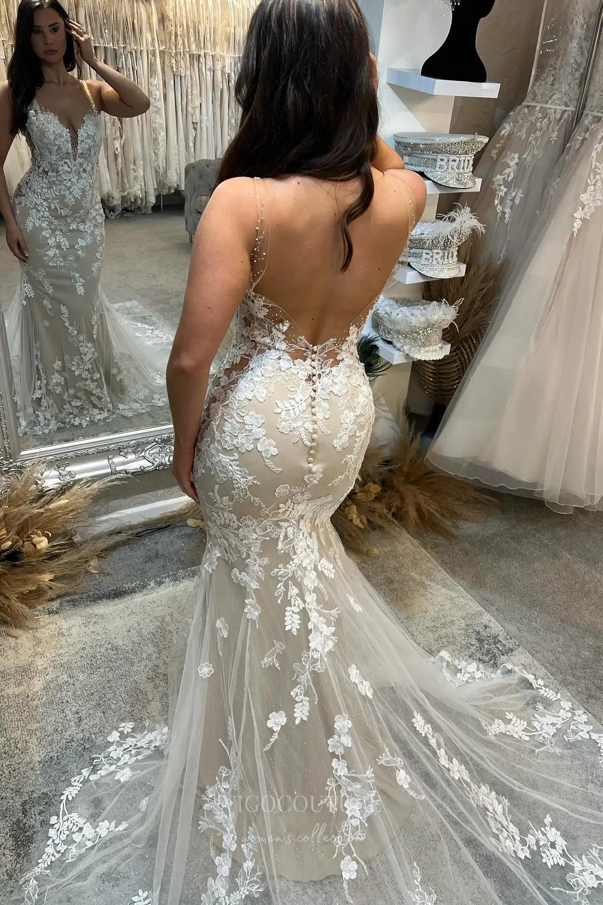 Wedding Dresses 2025 to impress Ivory Boho Mermaid Wedding Dress with Plunging V-Neckline, Illusion Back, Nude Lining & Chapel Train – W2272-vigocouture-vigocouture