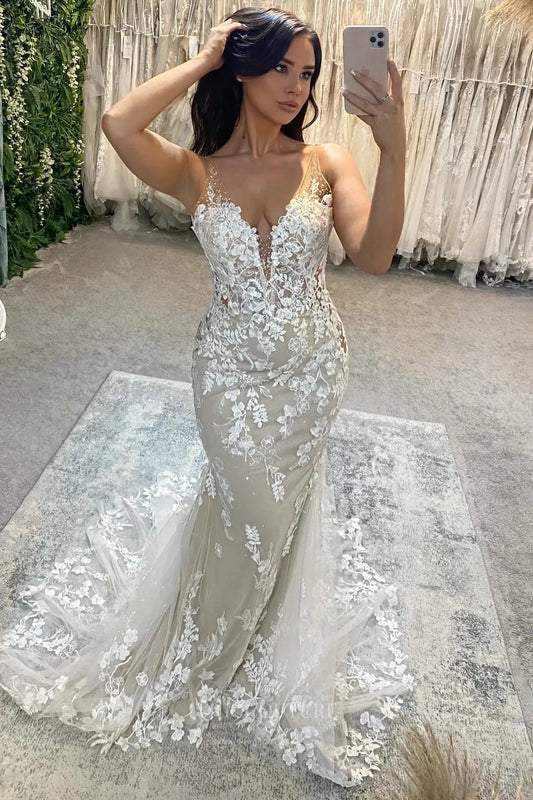 Ivory Boho Mermaid Wedding Dress with Plunging V-Neckline, Illusion Back, Nude Lining & Chapel Train – W2272