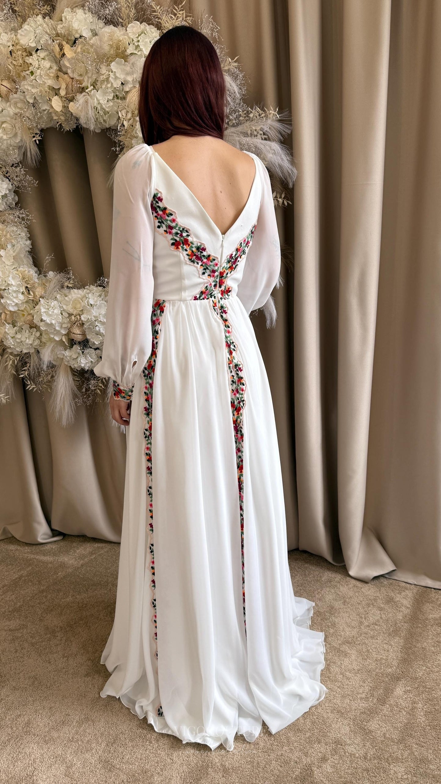 Wedding Dresses 2025 to impress Ivory Boho Wedding Dress with Red & Green Floral Embroidery, Long Puff Sleeves, Deep V-Neckline & Slit – W2378-vigocouture-vigocouture