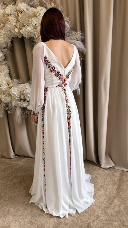 Wedding Dresses 2025 to impress Ivory Boho Wedding Dress with Red & Green Floral Embroidery, Long Puff Sleeves, Deep V-Neckline & Slit – W2378-vigocouture-vigocouture