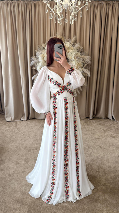 Wedding Dresses 2025 to impress Ivory Boho Wedding Dress with Red & Green Floral Embroidery, Long Puff Sleeves, Deep V-Neckline & Slit – W2378-vigocouture-vigocouture