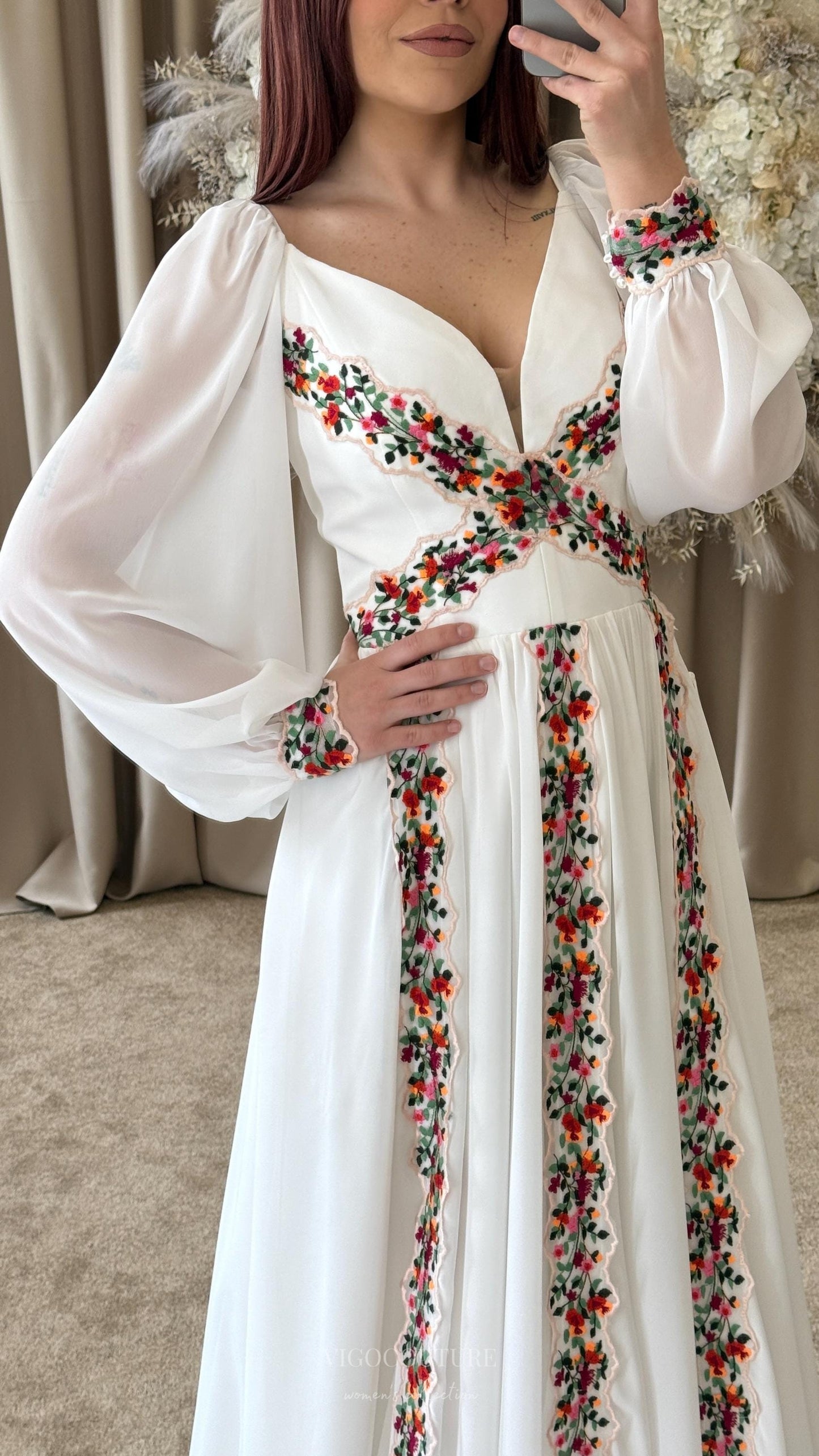 Wedding Dresses 2025 to impress Ivory Boho Wedding Dress with Red & Green Floral Embroidery, Long Puff Sleeves, Deep V-Neckline & Slit – W2378-vigocouture-vigocouture