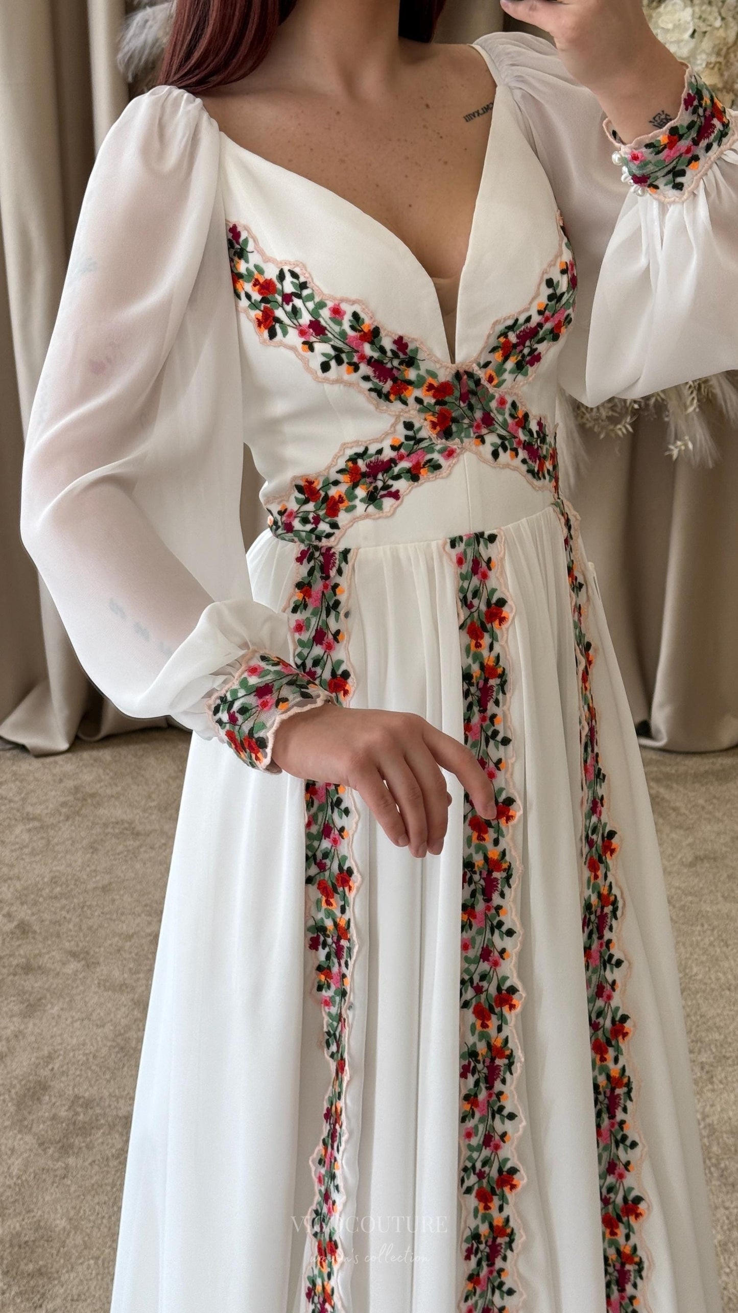 Wedding Dresses 2025 to impress Ivory Boho Wedding Dress with Red & Green Floral Embroidery, Long Puff Sleeves, Deep V-Neckline & Slit – W2378-vigocouture-vigocouture