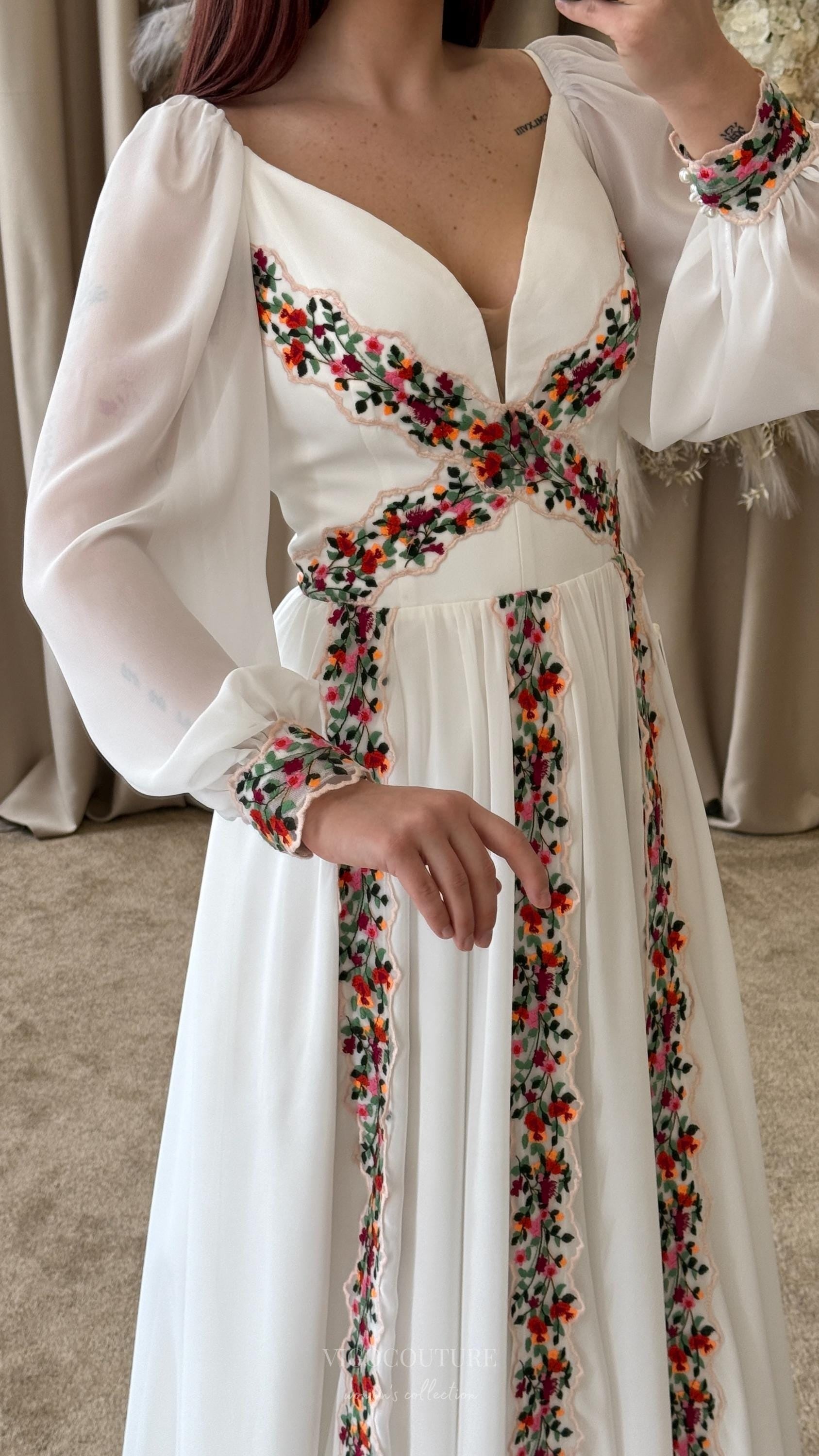 Wedding Dresses 2025 to impress Ivory Boho Wedding Dress with Red & Green Floral Embroidery, Long Puff Sleeves, Deep V-Neckline & Slit – W2378-vigocouture-vigocouture