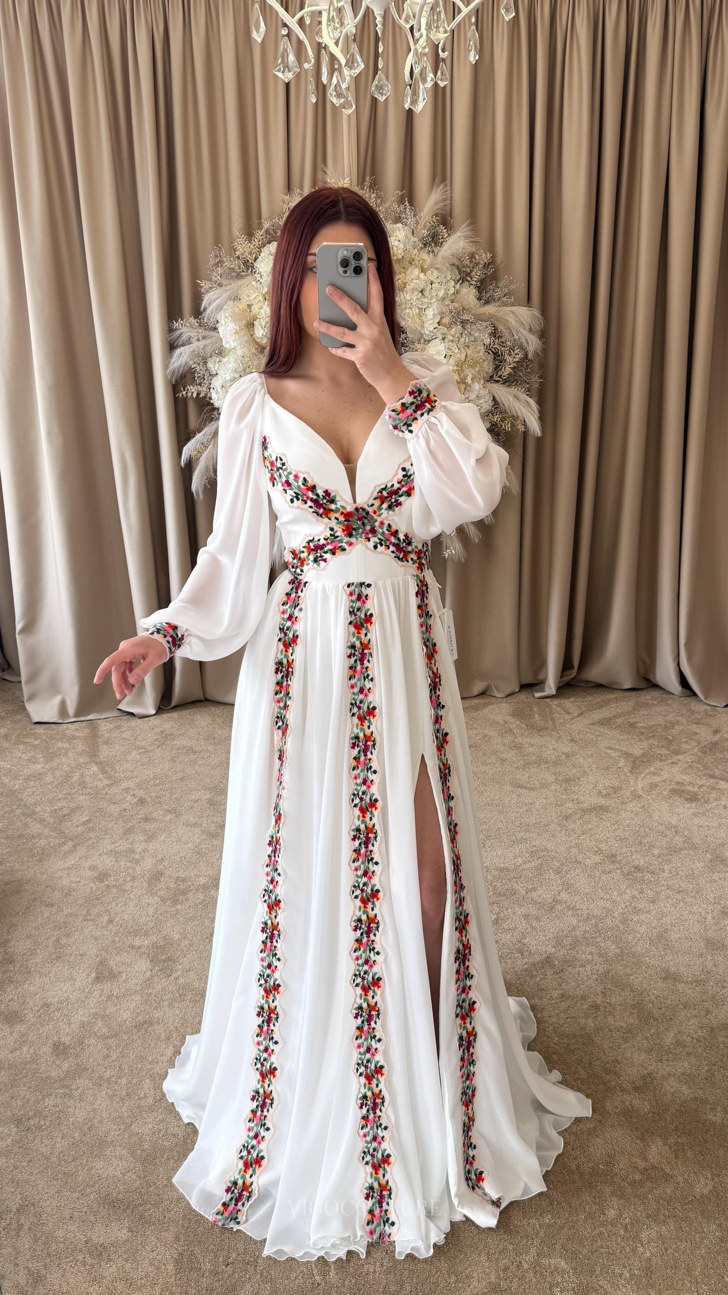 Ivory Boho Wedding Dress with Red & Green Floral Embroidery, Long Puff Sleeves, Deep V-Neckline & Slit – W2378