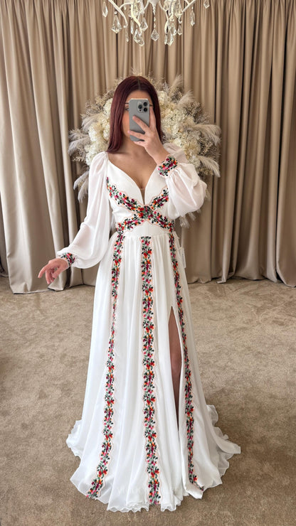 Ivory Boho Wedding Dress with Red & Green Floral Embroidery, Long Puff Sleeves, Deep V-Neckline & Slit – W2378