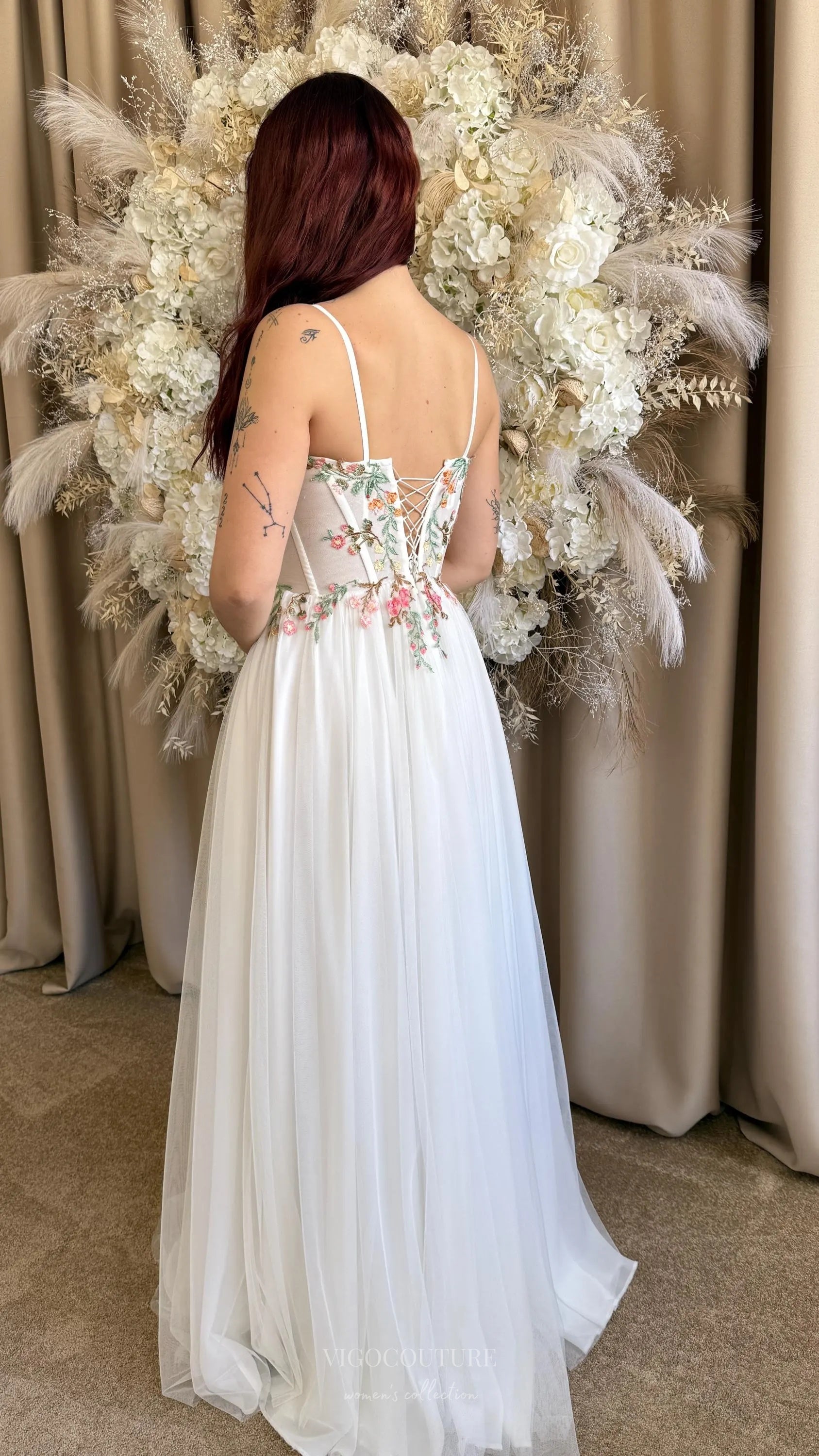Wedding Dresses 2025 to impress Ivory Botanical Wedding Dress with Spaghetti Straps, Sheer Corset Bodice, Delicate Floral Embroidery & Slit – W2371-vigocouture-vigocouture