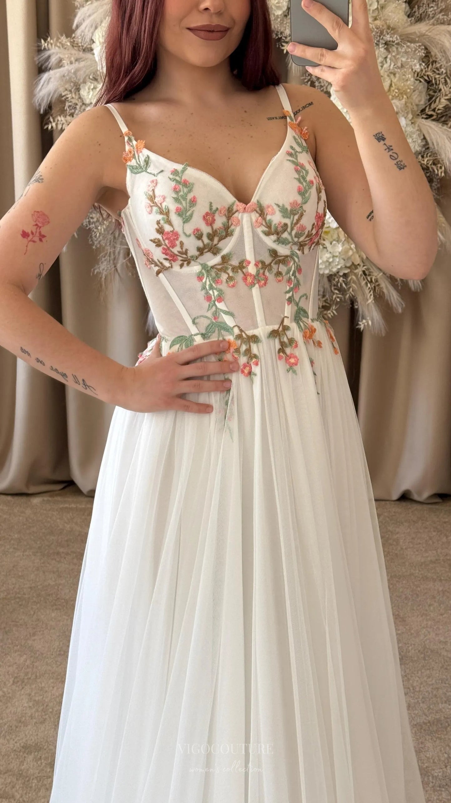 Wedding Dresses 2025 to impress Ivory Botanical Wedding Dress with Spaghetti Straps, Sheer Corset Bodice, Delicate Floral Embroidery & Slit – W2371-vigocouture-vigocouture