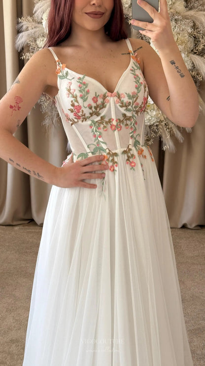 Wedding Dresses 2025 to impress Ivory Botanical Wedding Dress with Spaghetti Straps, Sheer Corset Bodice, Delicate Floral Embroidery & Slit – W2371-vigocouture-vigocouture