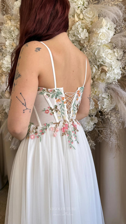 Wedding Dresses 2025 to impress Ivory Botanical Wedding Dress with Spaghetti Straps, Sheer Corset Bodice, Delicate Floral Embroidery & Slit – W2371-vigocouture-vigocouture