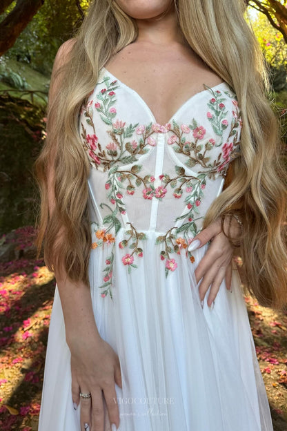 Wedding Dresses 2025 to impress Ivory Botanical Wedding Dress with Spaghetti Straps, Sheer Corset Bodice, Delicate Floral Embroidery & Slit – W2371-vigocouture-vigocouture