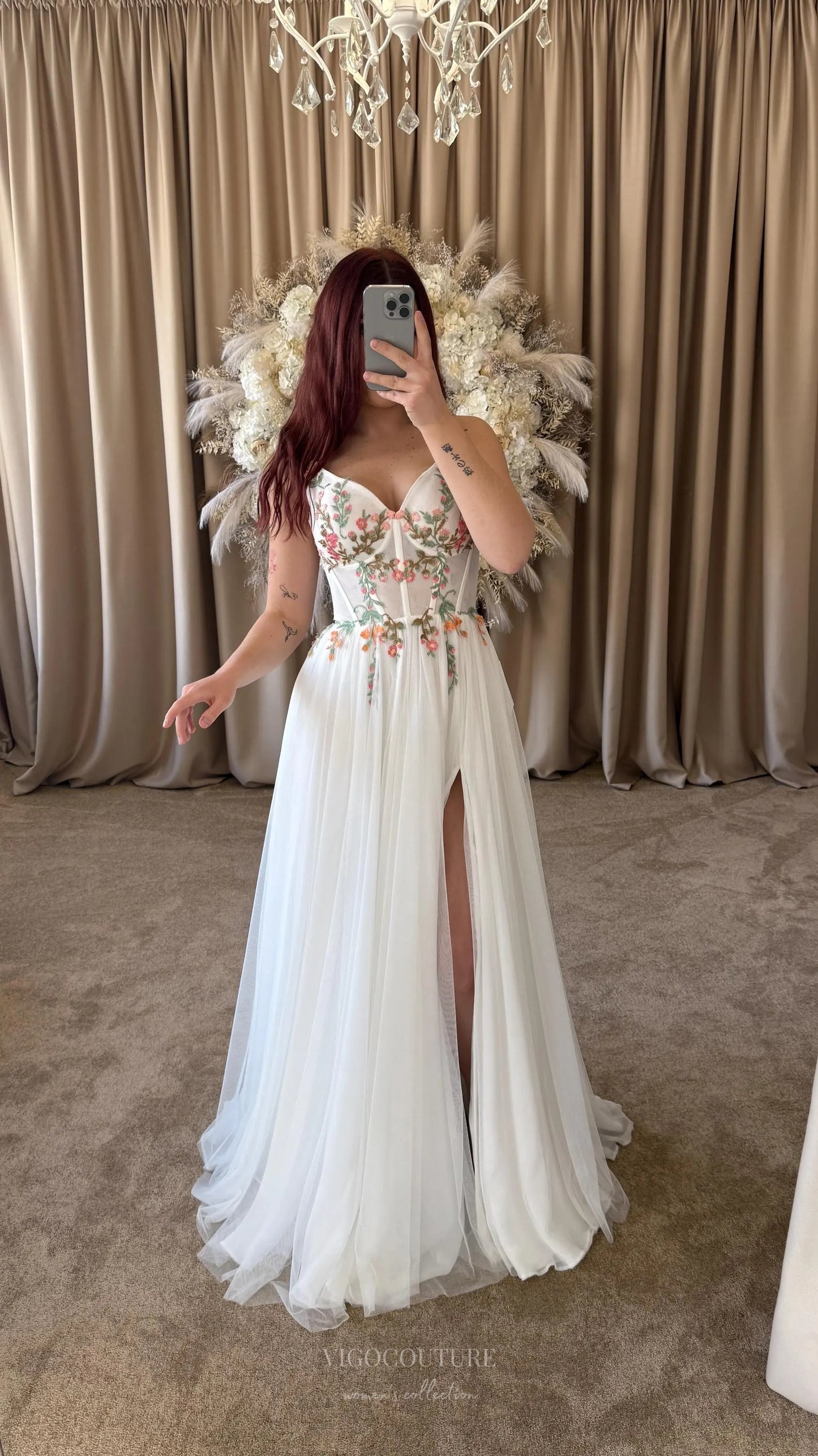 Ivory Botanical Wedding Dress with Spaghetti Straps, Sheer Corset Bodice, Delicate Floral Embroidery & Slit – W2371