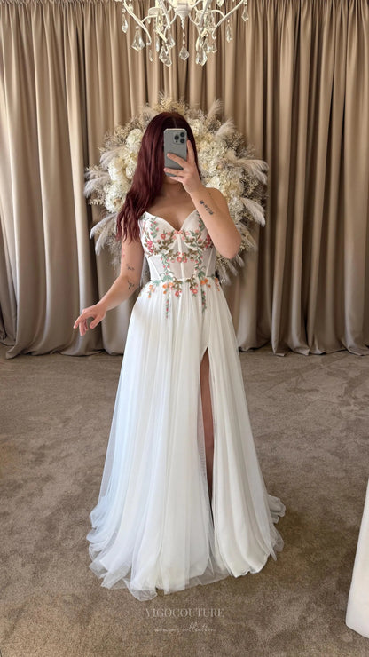 Ivory Botanical Wedding Dress with Spaghetti Straps, Sheer Corset Bodice, Delicate Floral Embroidery & Slit – W2371