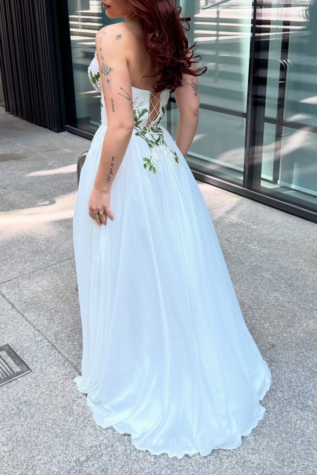 Wedding Dresses 2025 to impress Ivory Botanical Wedding Dress with Strapless Sweetheart Neckline, Embroidered Corset Bodice & Slit – W2373-vigocouture-vigocouture