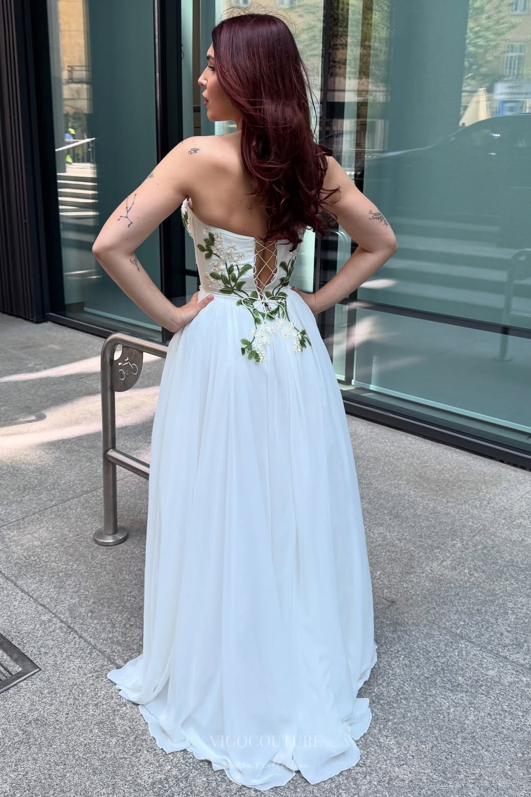 Wedding Dresses 2025 to impress Ivory Botanical Wedding Dress with Strapless Sweetheart Neckline, Embroidered Corset Bodice & Slit – W2373-vigocouture-vigocouture