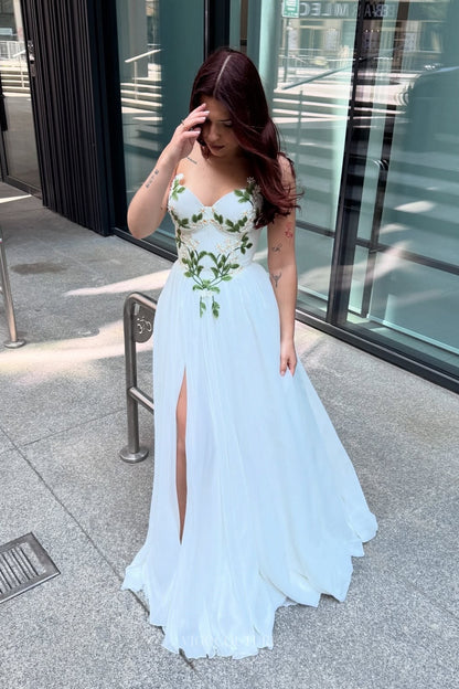 Wedding Dresses 2025 to impress Ivory Botanical Wedding Dress with Strapless Sweetheart Neckline, Embroidered Corset Bodice & Slit – W2373-vigocouture-vigocouture