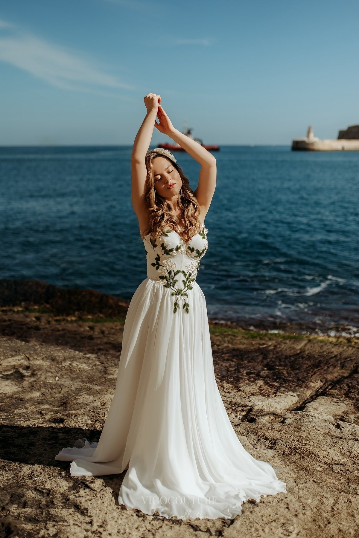 Wedding Dresses 2025 to impress Ivory Botanical Wedding Dress with Strapless Sweetheart Neckline, Embroidered Corset Bodice & Slit – W2373-vigocouture-vigocouture