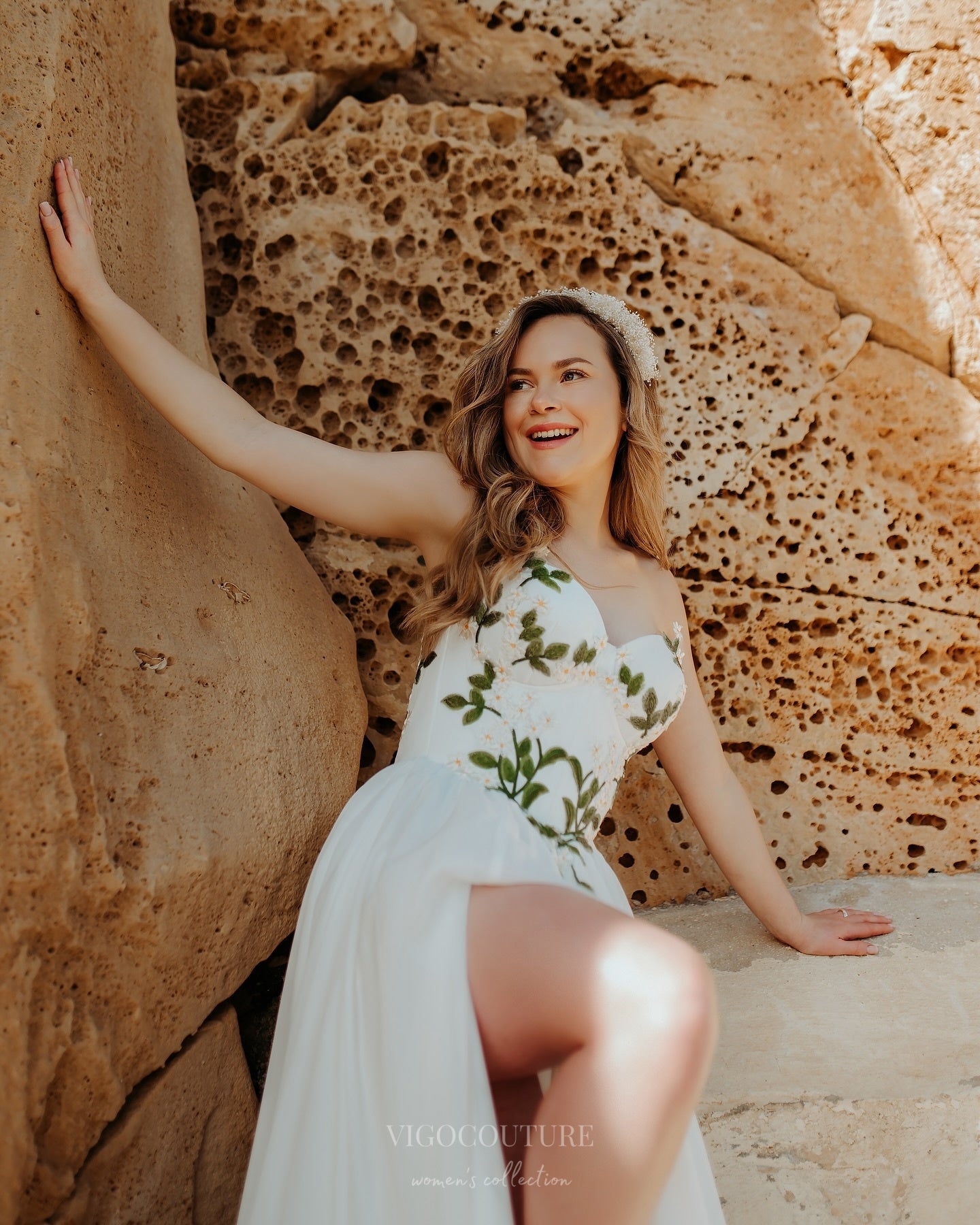 Wedding Dresses 2025 to impress Ivory Botanical Wedding Dress with Strapless Sweetheart Neckline, Embroidered Corset Bodice & Slit – W2373-vigocouture-vigocouture