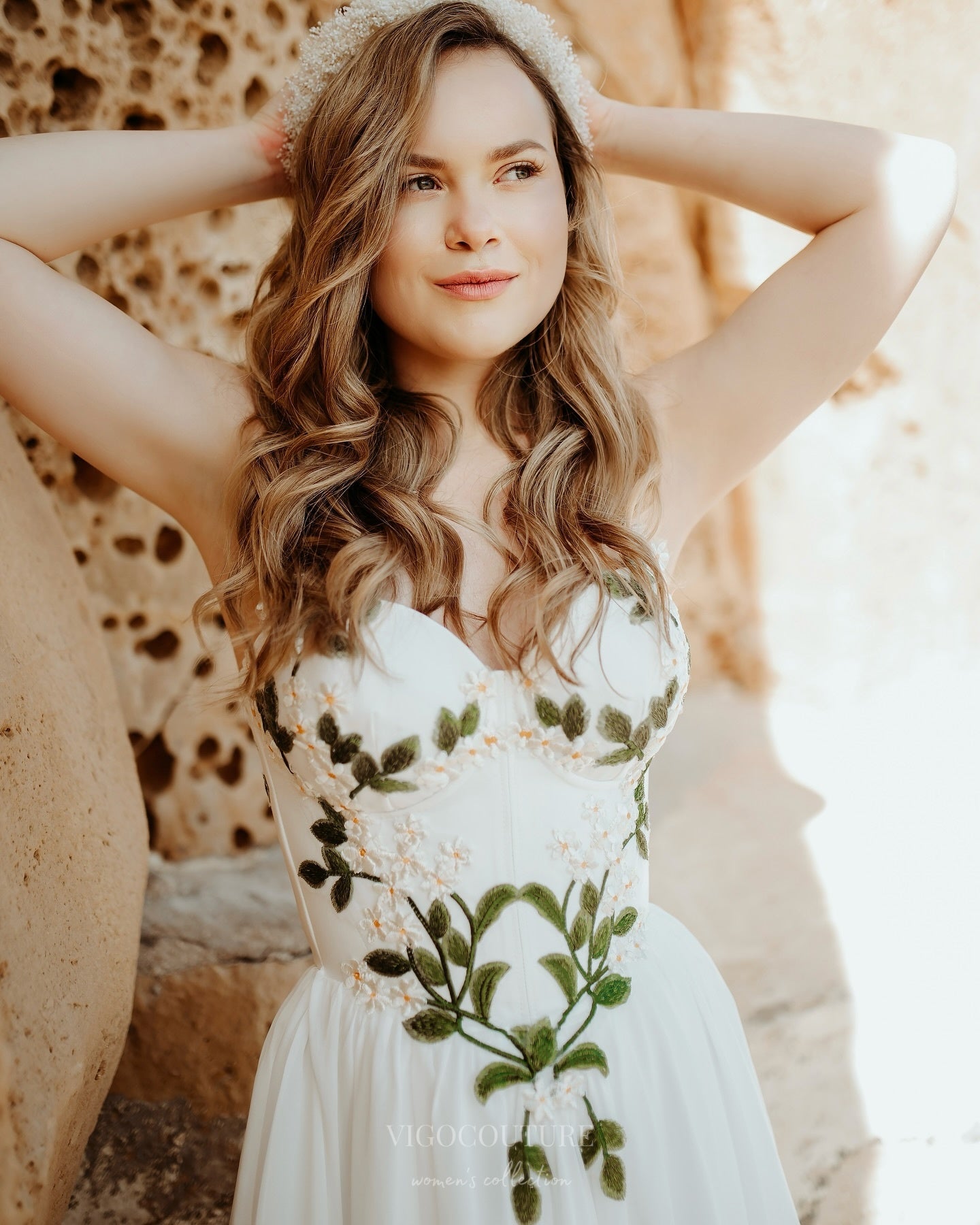 Wedding Dresses 2025 to impress Ivory Botanical Wedding Dress with Strapless Sweetheart Neckline, Embroidered Corset Bodice & Slit – W2373-vigocouture-vigocouture