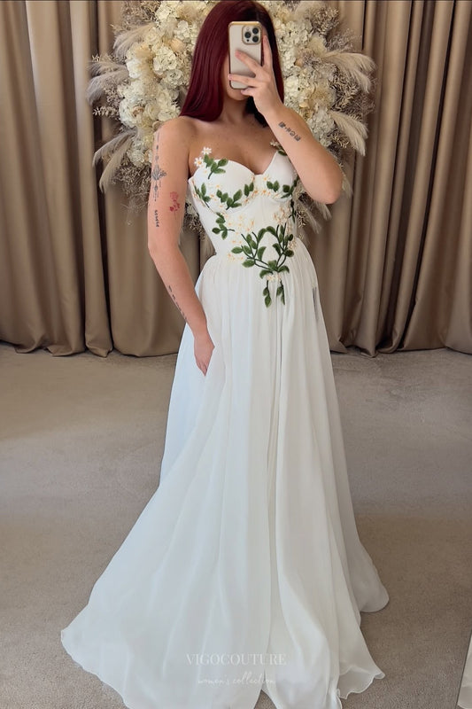 Ivory Botanical Wedding Dress with Strapless Sweetheart Neckline, Embroidered Corset Bodice & Slit – W2373