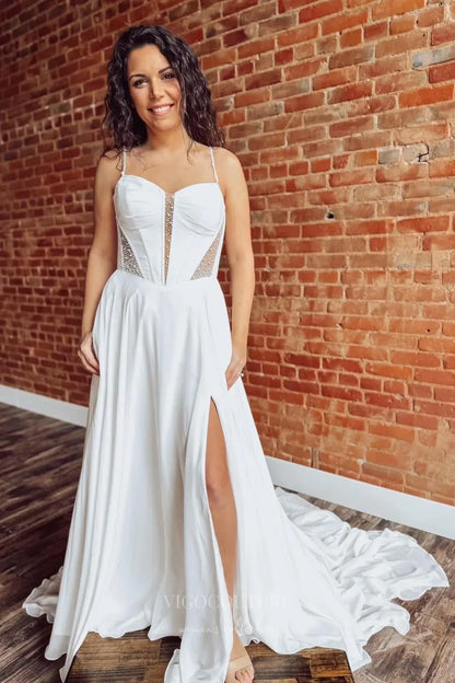 Wedding Dresses 2025 to impress Ivory Chiffon A-Line Wedding Dress with Pearl Beaded Corset Bodice, Removable Sheer Sleeves, Slit & Pockets – W2315-vigocouture-vigocouture